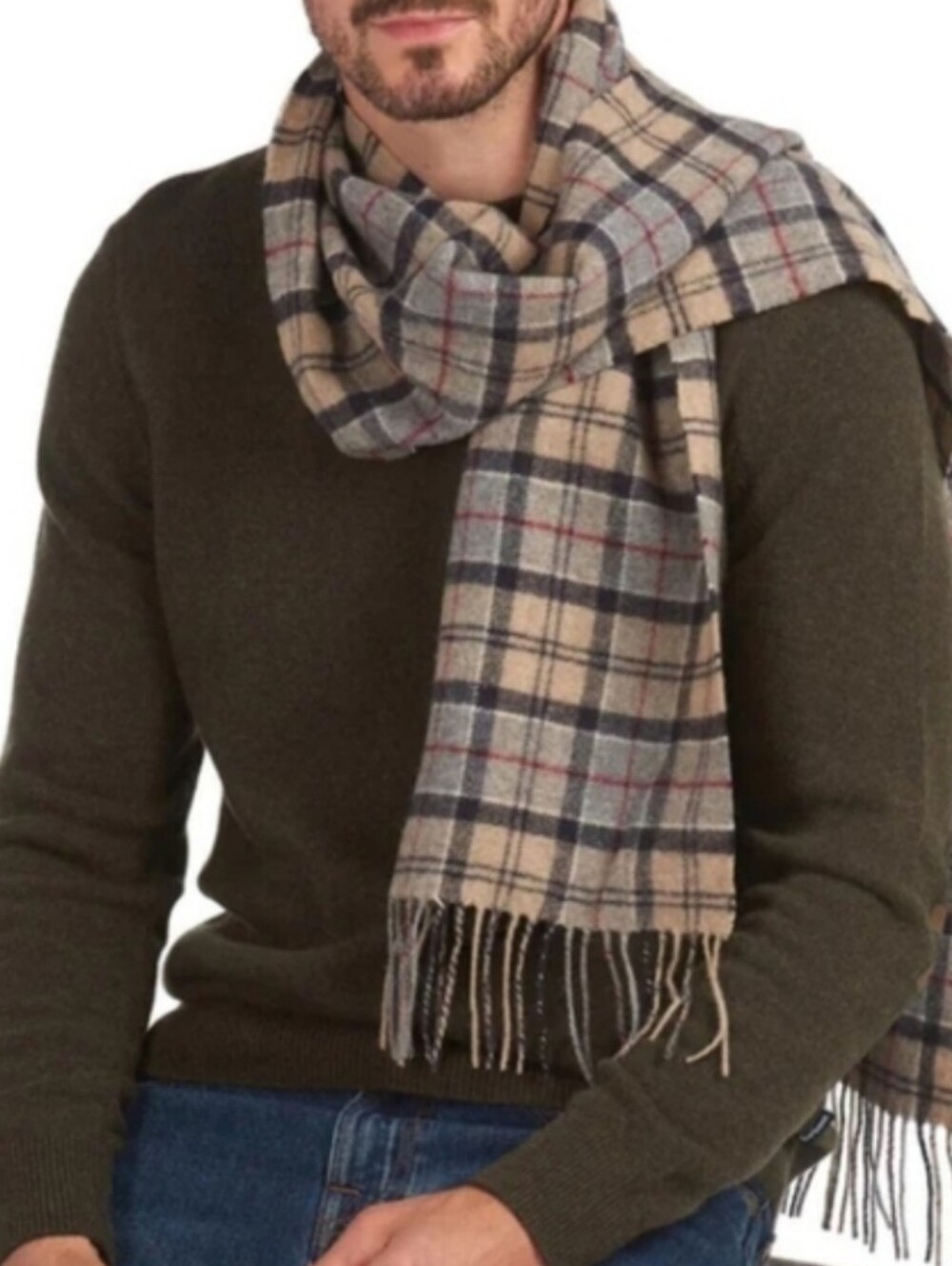 Barbour Cashmere & Merino Wool Tartan Plaid Check Classic Fringed Scarf